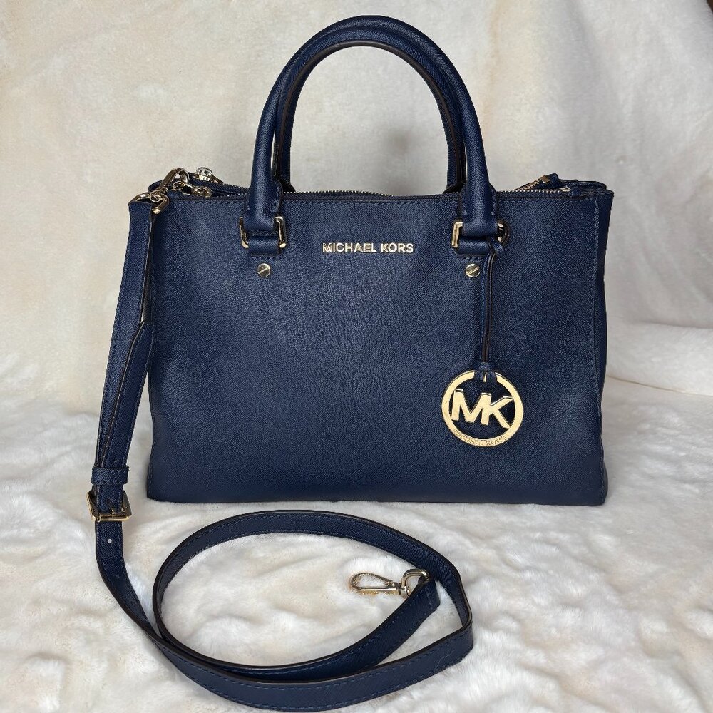 Michael Kors Sutton Medium Navy Blue Saffiano Leather Satchel/Crossbody Bag